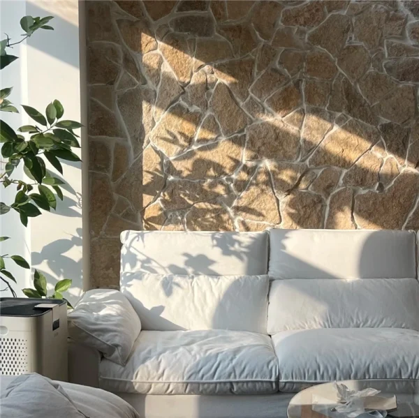 Warm cream natural-face crazy paving veneer, irregular wall cladding for fireplace surrounds, living rooms and villa exterior walls