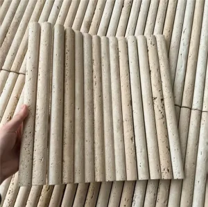 Natural beige cylindrical travertine stick mosaic tile, 3D vertical convex linear stone wall panel for wabi sabi cafe, villa living room and hotel feature wall interior decoration