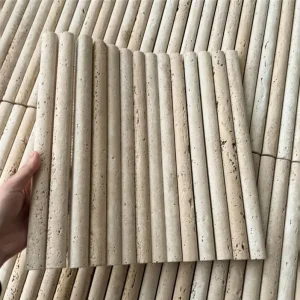 Natural beige cylindrical travertine stick mosaic tile, 3D vertical convex linear stone wall panel for wabi sabi cafe, villa living room and hotel feature wall interior decoration