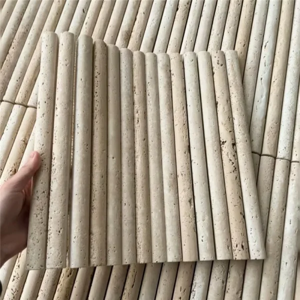 Natural beige cylindrical travertine stick mosaic tile, 3D vertical convex linear stone wall panel for wabi sabi cafe, villa living room and hotel feature wall interior decoration