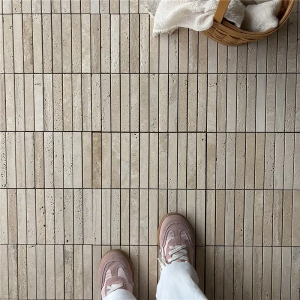 3D Vertical Cylindrical Beige Travertine Stick Mosaic Tile Natural Linear Stone Wall Panel