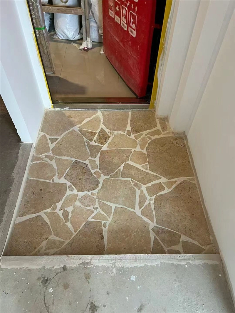 Honey beige crazy paving limestone installed on indoor entrance flooring