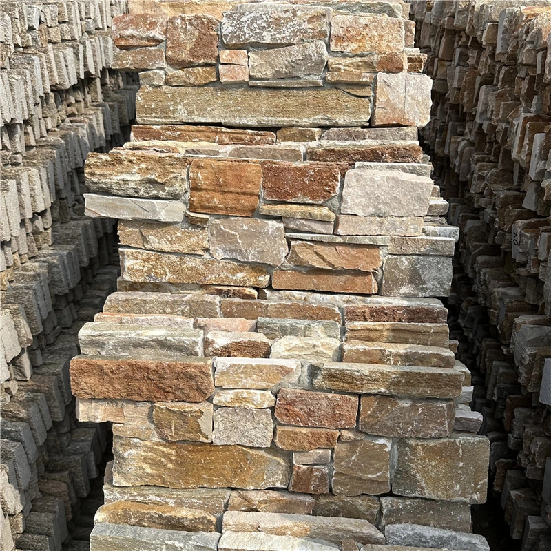 Warm rust rough split stacked ledger stone panels, mesh pre-assembled natural stone veneer 20×55cm 2.5-3cm thick, villa exterior wall decoration
