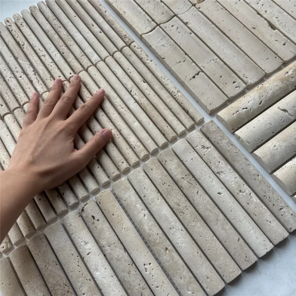 3D Vertical Cylindrical Beige Travertine Stick Mosaic Tile Natural Linear Stone Wall Panel