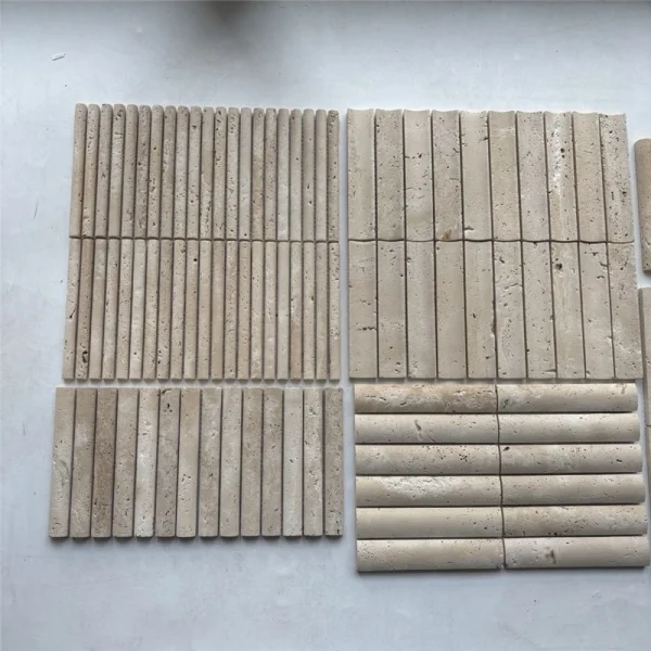 Natural beige cylindrical travertine stick mosaic tile, 3D vertical linear textured stone panel for interior feature wall decoration