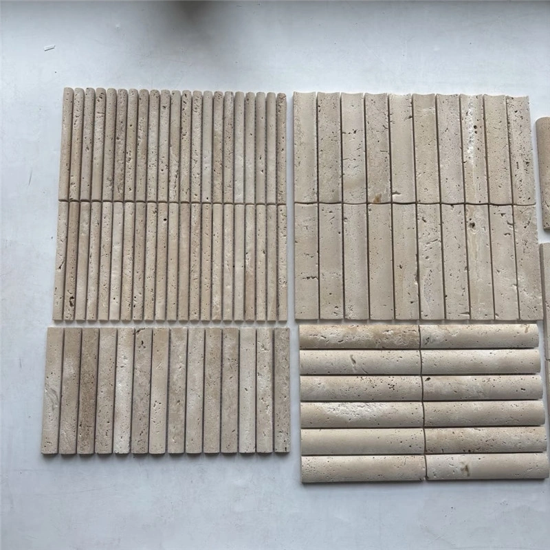 Natural beige cylindrical travertine stick mosaic tile, 3D vertical linear textured stone panel for interior feature wall decoration