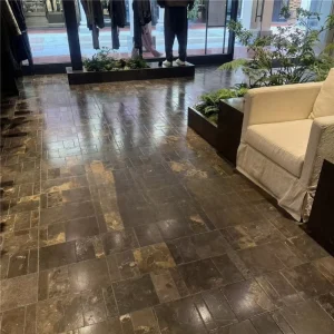 Hongmiao Stone dark coffee polished limestone flooring with organic rust veins, modern rustic organic stone for villa living rooms & boutique hotel lobby interiors