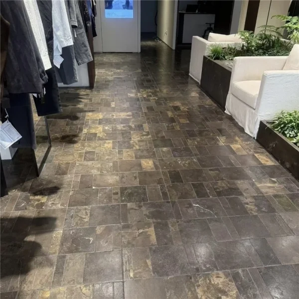 Hongmiao Stone polished dark coffee limestone flooring with natural rust veining, vintage rustic limestone tile for villa lobby & commercial retro interior design