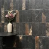 Antique Textured Black Limestone Linear Slat 5x20cm With Natural Mineral Veins 5x20cm antique textured black limestone linear tile with natural gold and rust iron mineral veins, dual-use interior exterior stone for feature walls, residential flooring and courtyard patio cladding