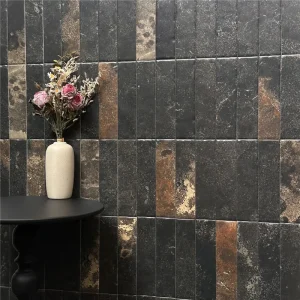 5x20cm antique textured black limestone linear tile with natural gold and rust iron mineral veins, dual-use interior exterior stone for feature walls, residential flooring and courtyard patio cladding
