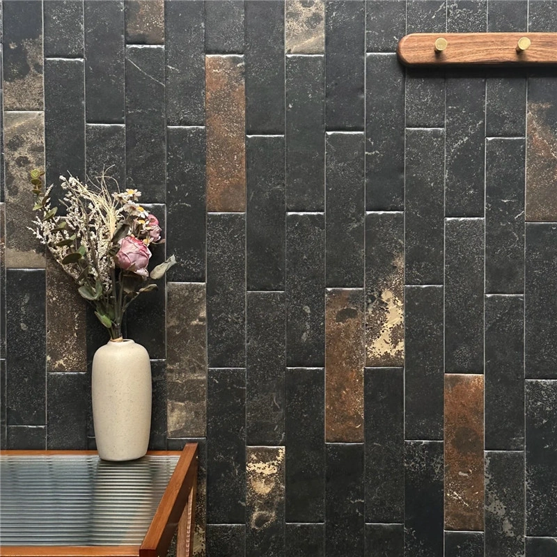 Natural black limestone linear strips 5x20cm, rustic surface with rust & gold mineral veins, indoor wall cladding & outdoor patio stone for residential and hotel projects
