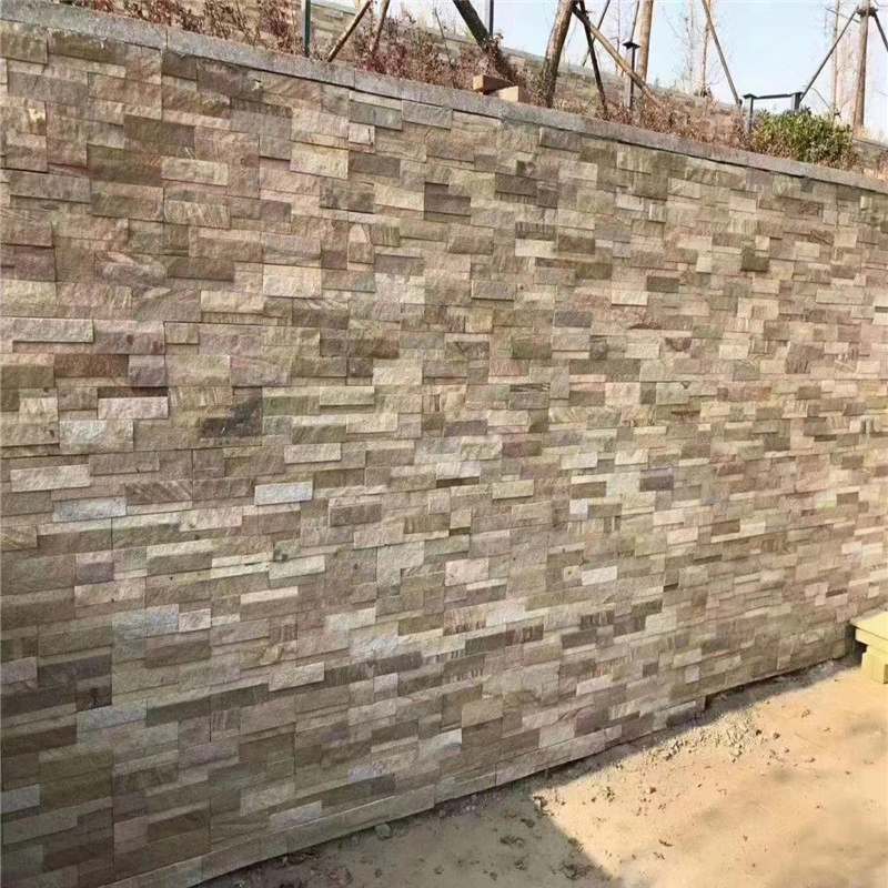 Yellow warm natural sandstone ledger stone veneer wall installation effect