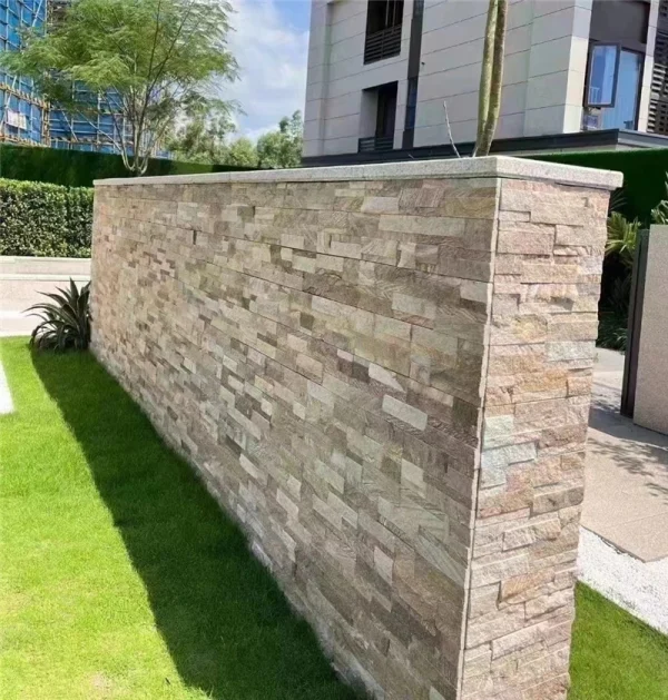 Natural Yellow Stacked Ledger Stone Landscape Feature Wall Yellow ledger stacked stone panels landscape retaining wall for private manor courtyard