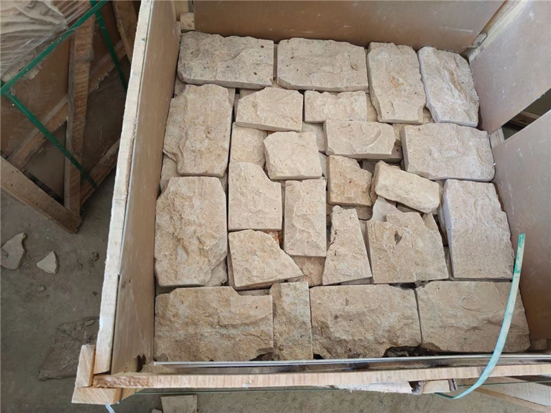 Bundled honey beige limestone crazy paving slabs, loose irregular flagstones