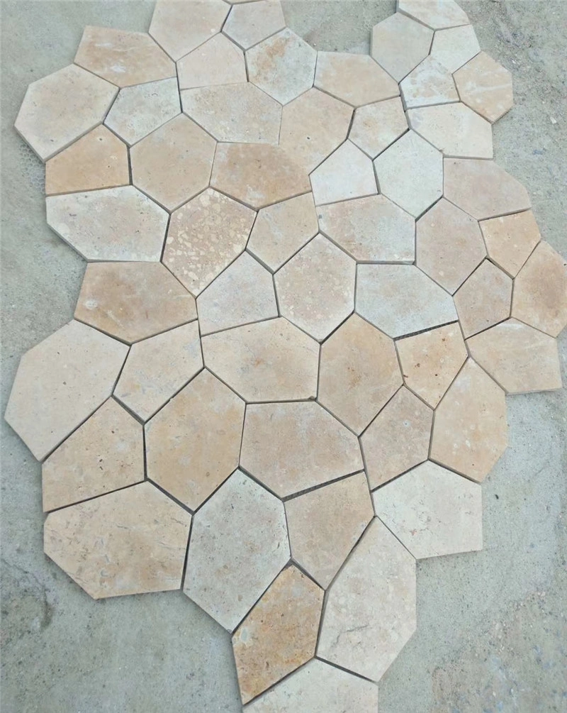 Pre-cut interlocking golden cream limestone crazy paving display pattern