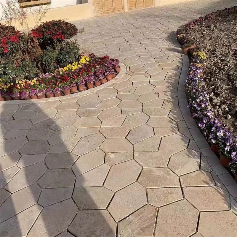 Golden Cream Limestone Crazy Paving Flagstone laid for residential garden walkway landscaping