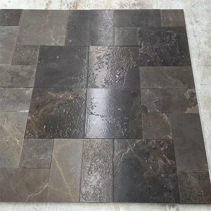 Polished dark coffee limestone tile with natural rust veining interior floor layout