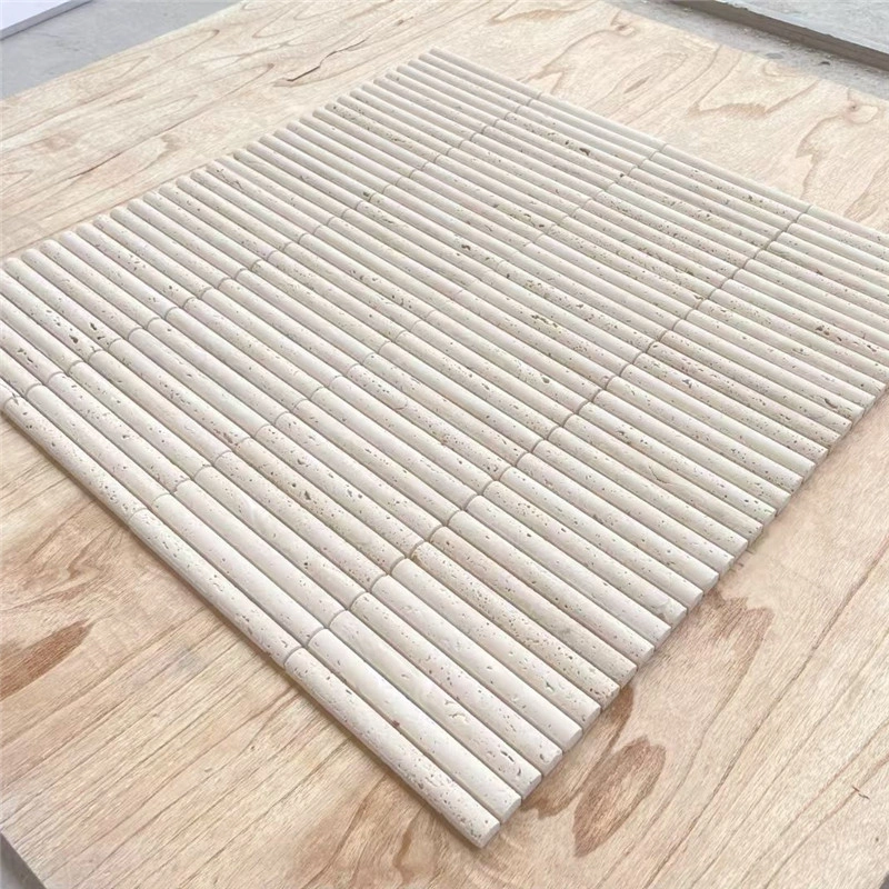 3D Vertical Fluted Beige Travertine Stick Mosaic, natural linear stone wall panel mesh tile for interior feature wall decoration