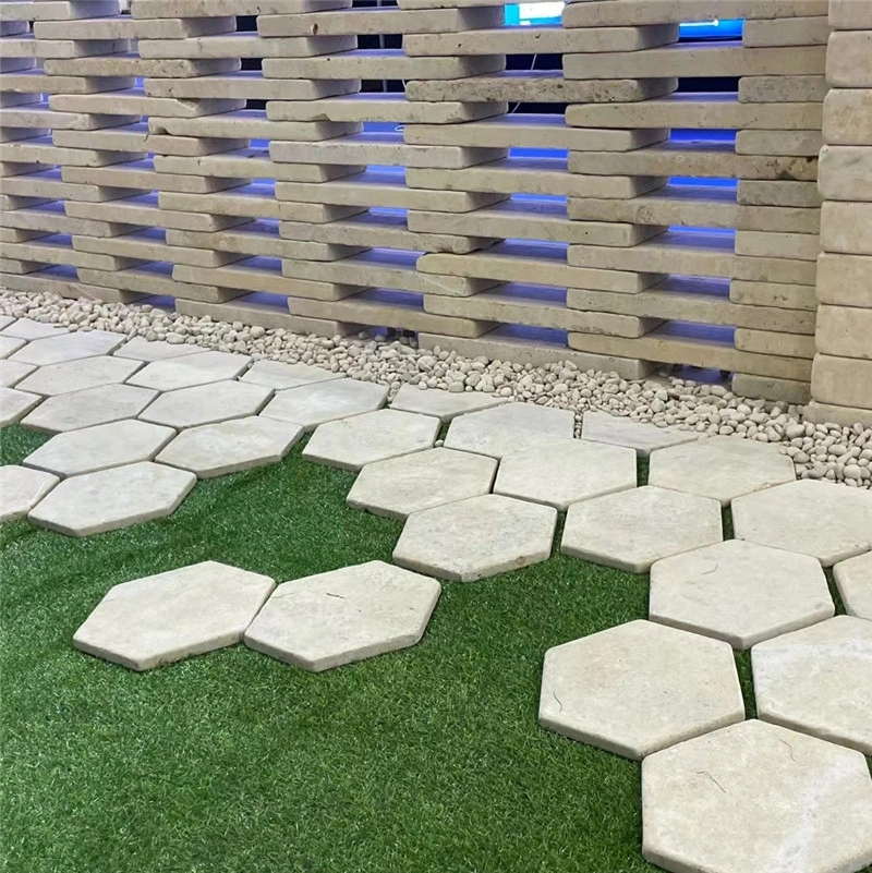 Golden Cream Limestone Crazy Paving laid with turf gaps for residential patio