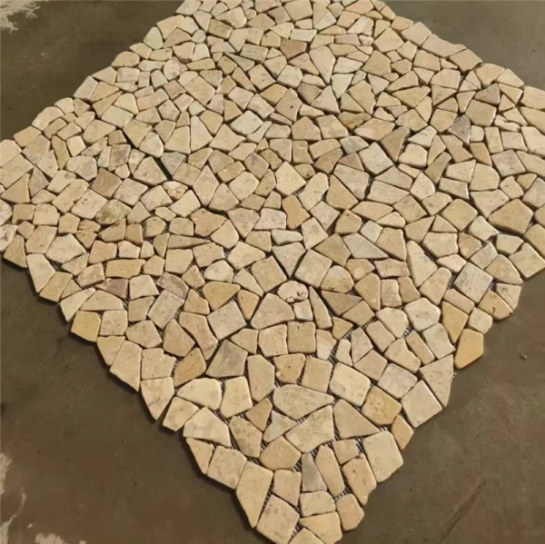 Mesh Mounted Tumbled Honey Beige Limestone Crazy Mosaic Sheets For Hotel & Resort Wall Cladding Mesh backed machine tumbled honey beige limestone crazy paving mosaic sheets, tumbled stone mat for hotel interior wall cladding and villa outdoor landscape feature wall