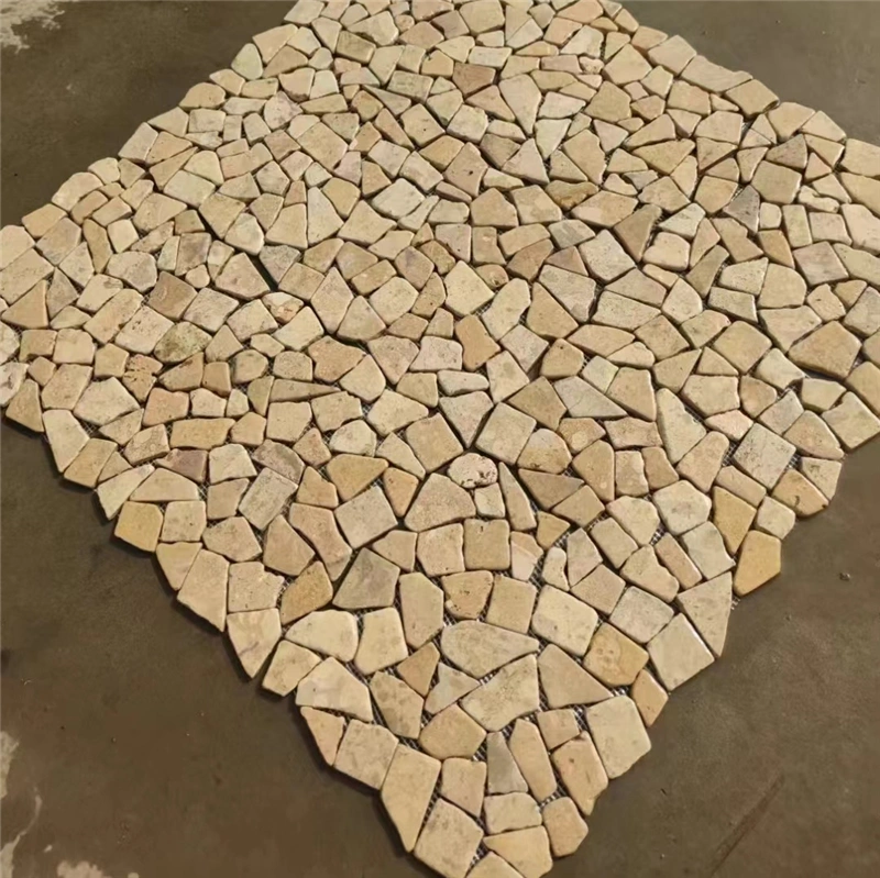 Mesh backed machine tumbled honey beige limestone crazy paving mosaic sheets, tumbled stone mat for hotel interior wall cladding and villa outdoor landscape feature wall