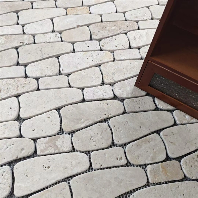 Irregular Beige Travertine Crazy Mosaic Tile, Natural Rustic Mesh Stone For Outdoor Patio & Courtyard Flooring