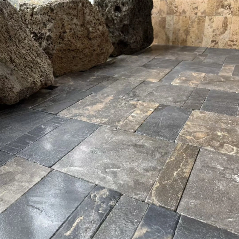 Polished dark coffee limestone flooring with natural rust veining for indoor commercial renovation