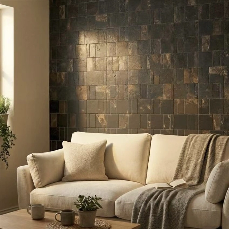 Hongmiao Stone polished dark coffee limestone wall tiles with natural rust streaks, modern organic rustic stone cladding for villa living room accent wall interior design