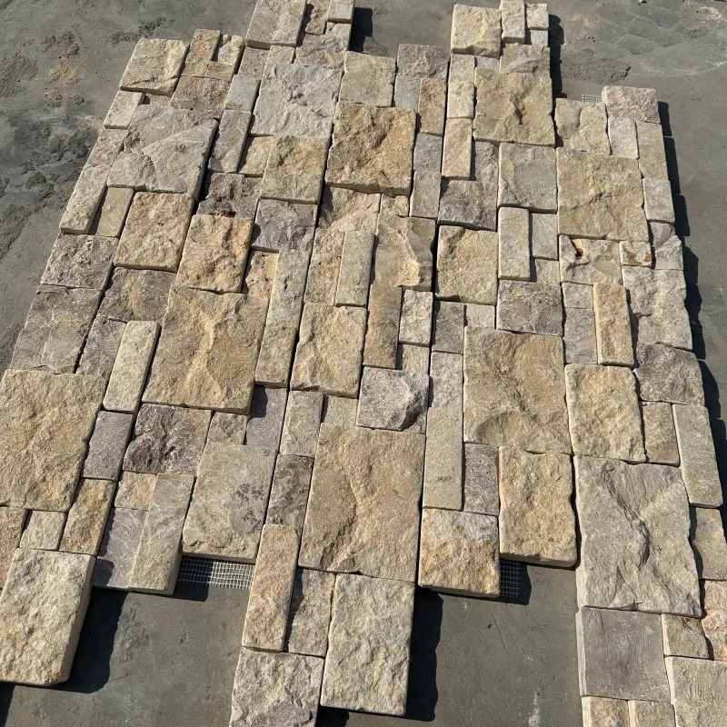 Cream stacked ledger stone panels, natural textured castle stone veneer for outdoor wall cladding