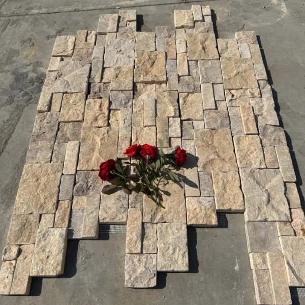 Warm-hued Golden Cream Castle Stone Limestone Veneer, Natural Split Face Organic Textures, Interior & Exterior Wall Cladding for Residential & Commercial Hardscape