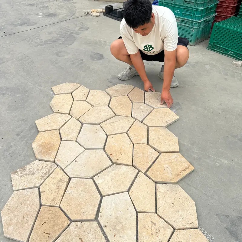 Golden Cream Limestone Crazy Paving Flagstone, natural irregular patio paving stone layout