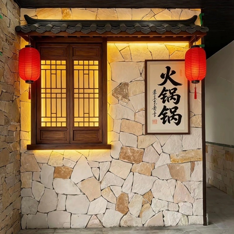 White irregular sandstone crazy paving veneer restaurant wall installation effect