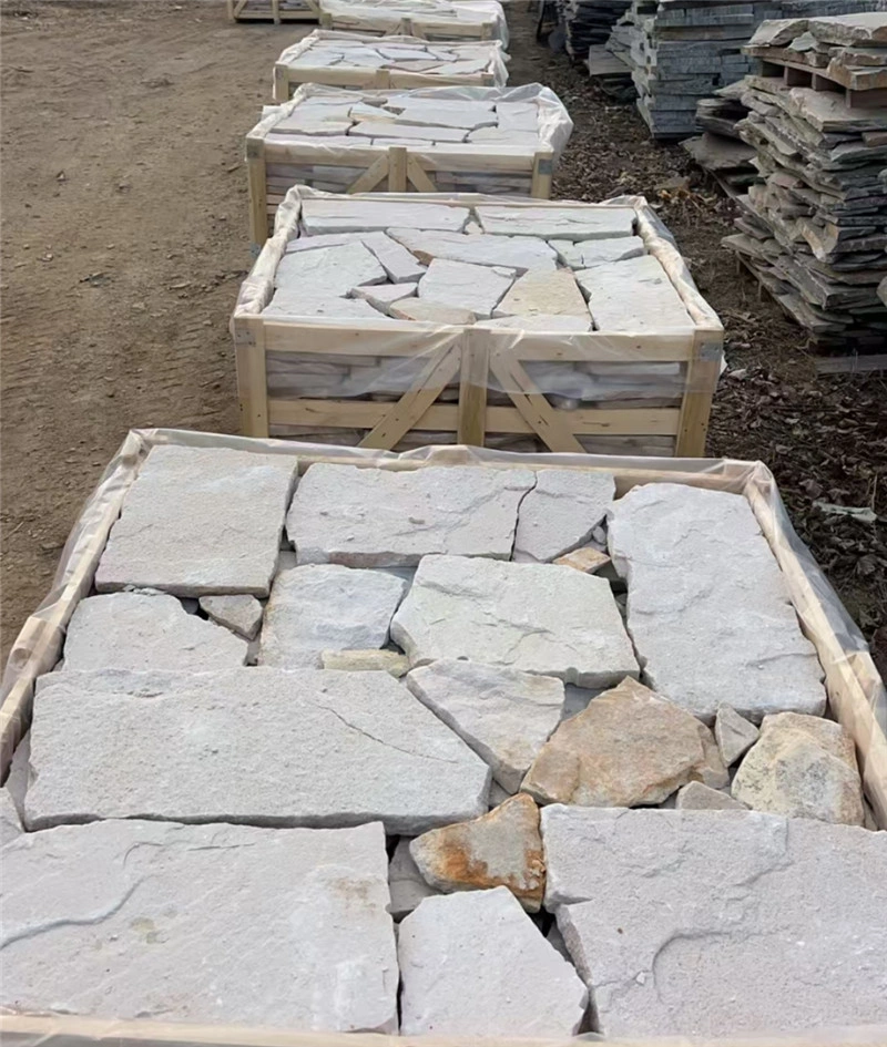 White irregular sandstone crazy paving veneer packed in wooden crates, finished natural stone stock