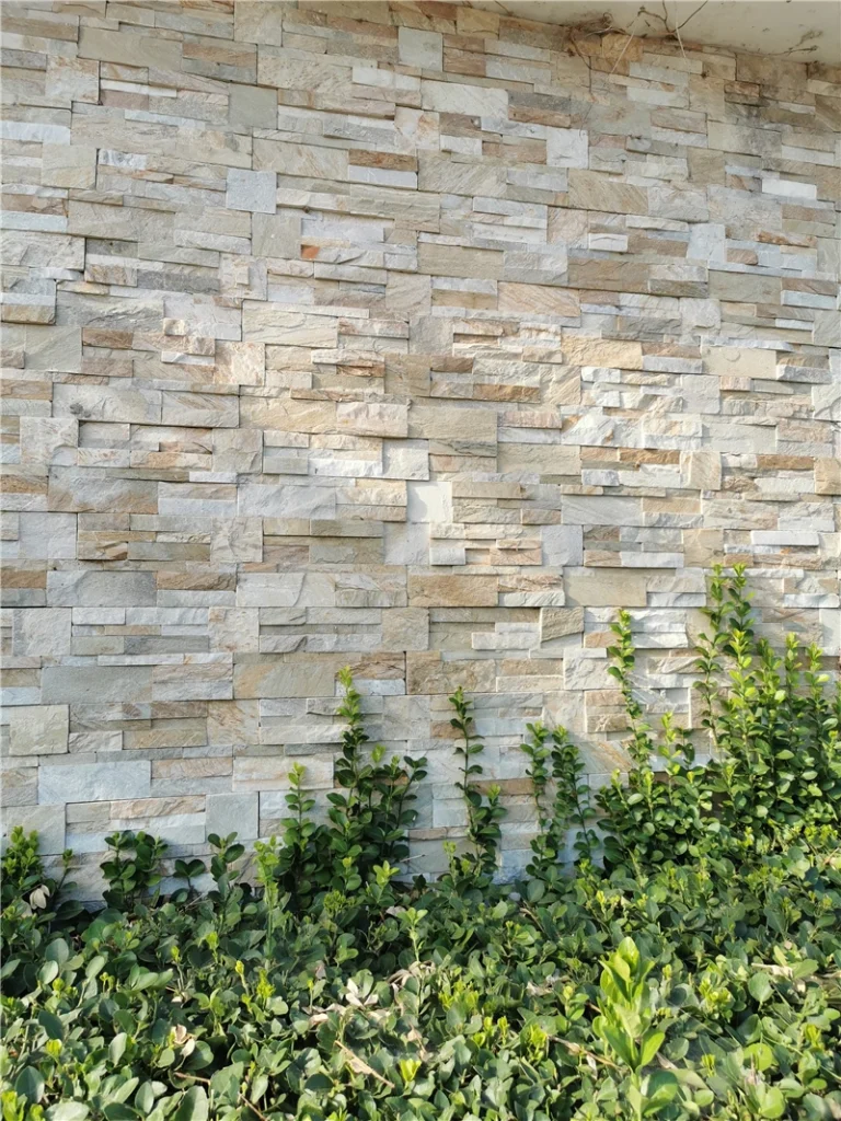 Golden yellow vein ledgestone veneer, natural layered stacked stone cladding with yellow mineral veins for exterior garden retaining wall