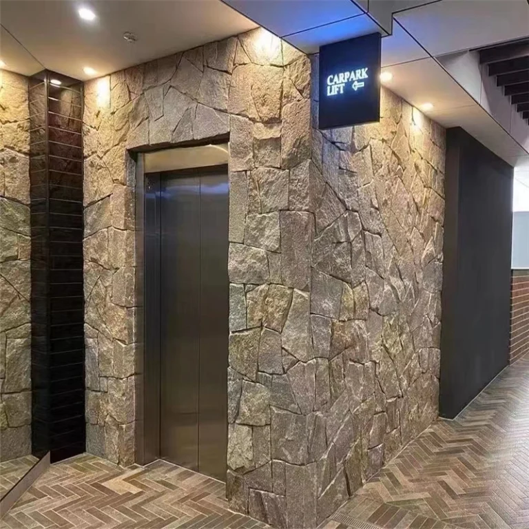 rusty crazy stone veneer indoor feature wall, natural split stone cladding for villa interior decoration