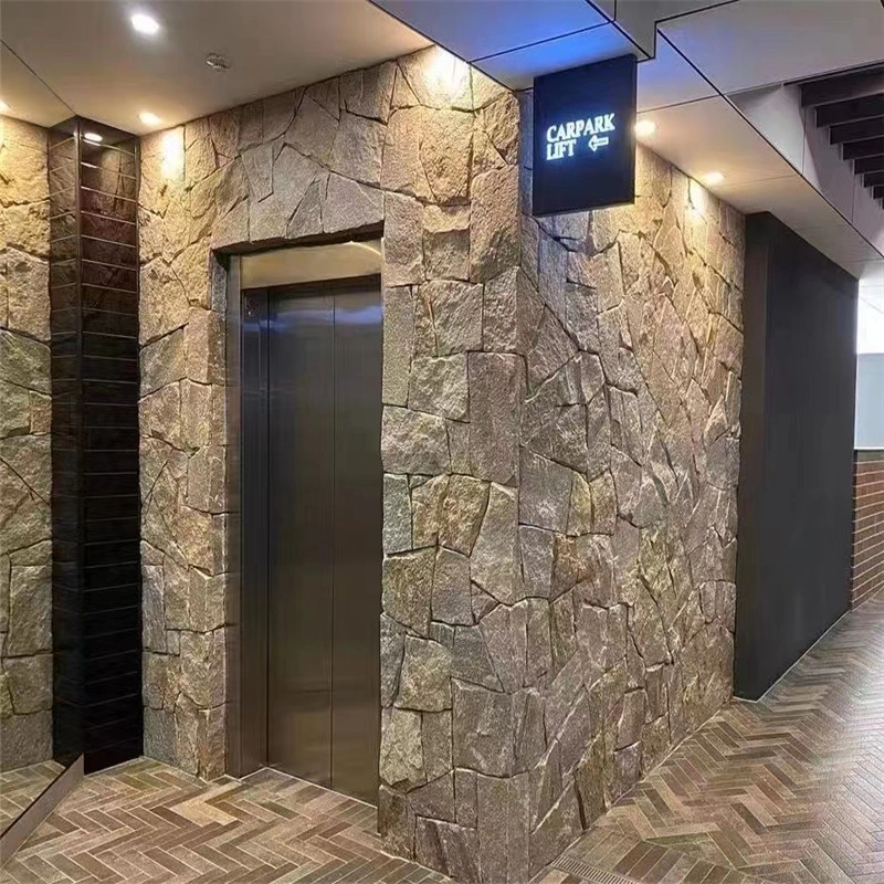 rusty crazy stone veneer indoor feature wall, natural split stone cladding for villa interior decoration
