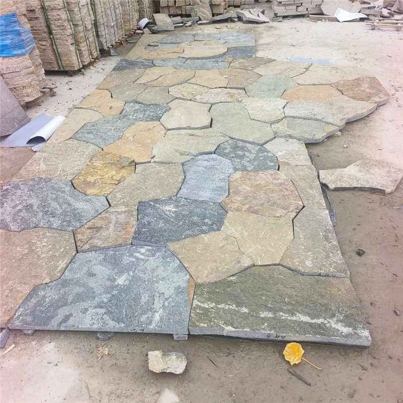 Custom pre-laid crazy paving stone and random flagstone available on demand. We can pre-splice, label each irregular natural slab and supply matching layout diagrams to simplify wall cladding & outdoor flooring installation for landscape builds.