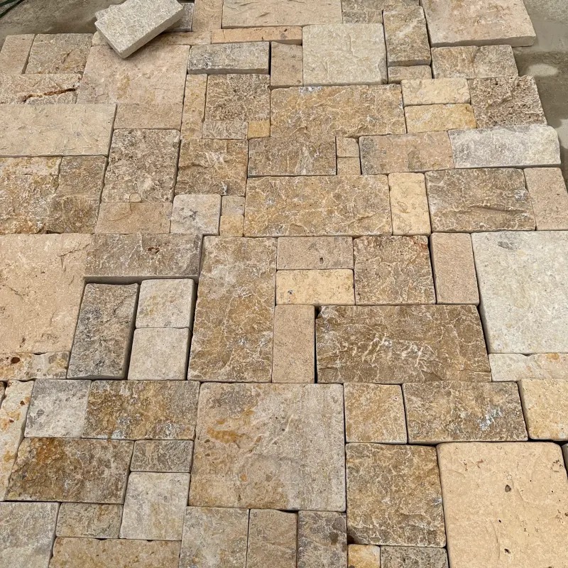 Tumbled beige castle limestone wall panels with natural pale beige texture, custom cut-to-size stone slabs with soft weathered tumbled edges for villa facade and garden exterior wall cladding