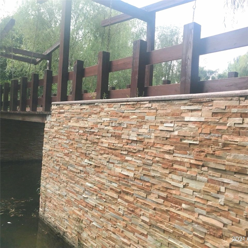 Yellow Wood‑Grain Stacked Stone cladding for garden river bank retaining exterior wall
