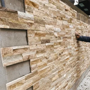 Yellow Wood‑Vein Ledger Stone wall cladding installed exterior wall