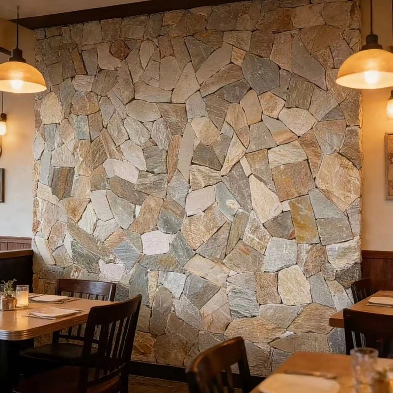 Natural irregular stone accent wall for restaurant interior design