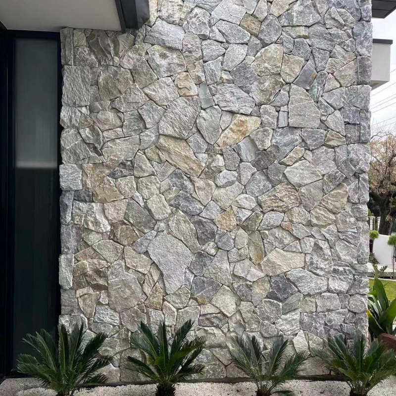 Grey white irregular quartzite crazy paving stone for villa exterior wall cladding, natural split random stone wall