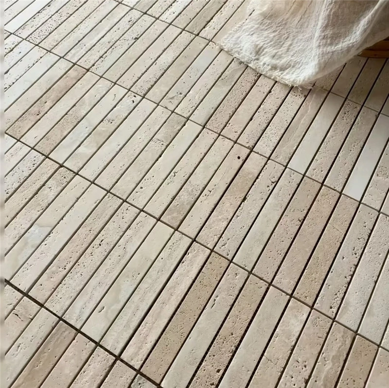 Natural beige travertine strip mosaic, linear travertine stone installed on residential floor surface