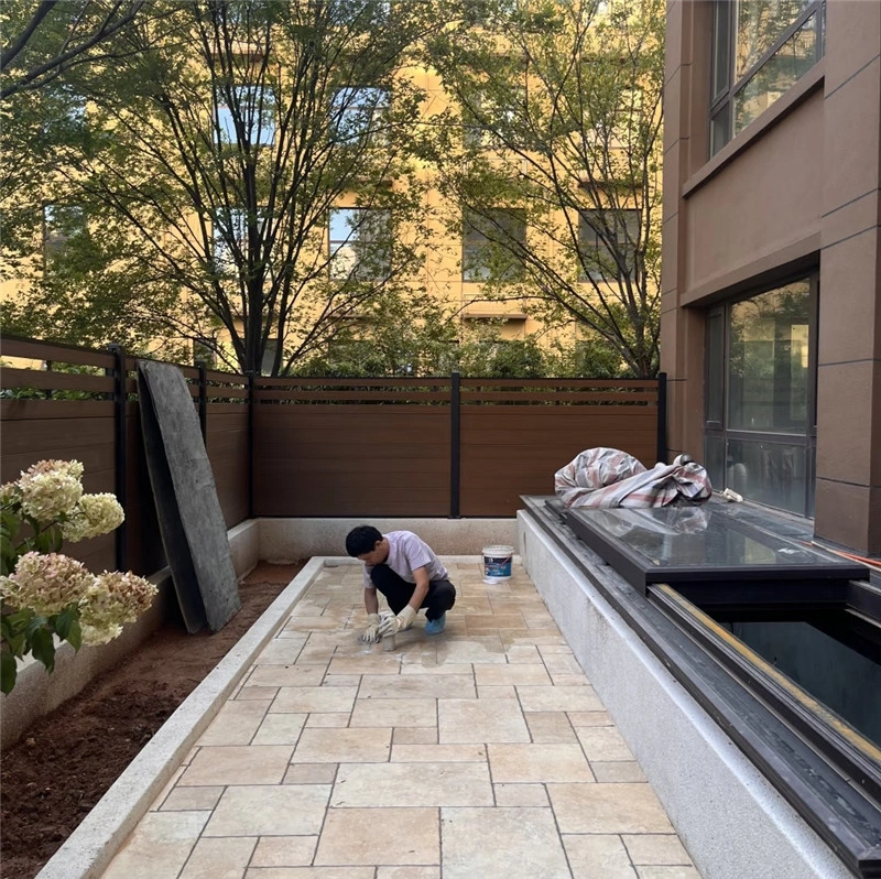 Natural beige antique limestone paver installation for residential backyard courtyard walkway construction
