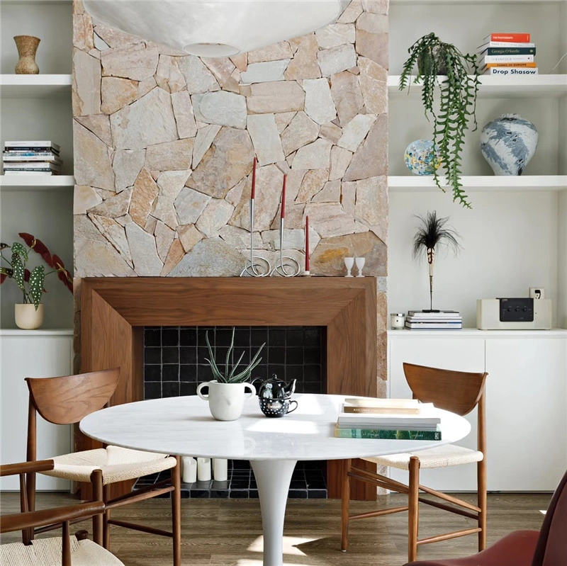 Natural beige white crazy sandstone veneer for residential indoor fireplace feature wall and living room interior renovation