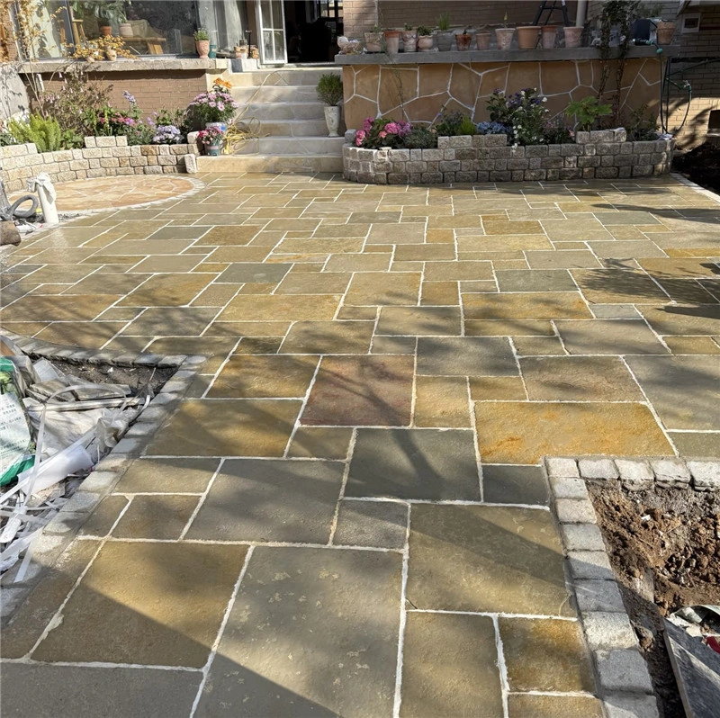 Yellow limestone multi‑size paving completed project for backyard patio flooring