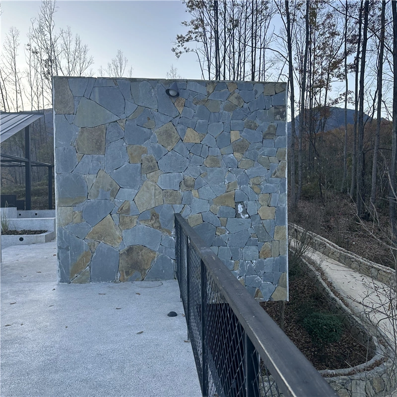 Grey‑blue crazy paving random slate stone, outdoor decorative feature wall for residential project