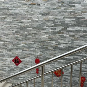 Mixed Grey Stacked Ledger Stone Outdoor Stair Wall Cladding Project