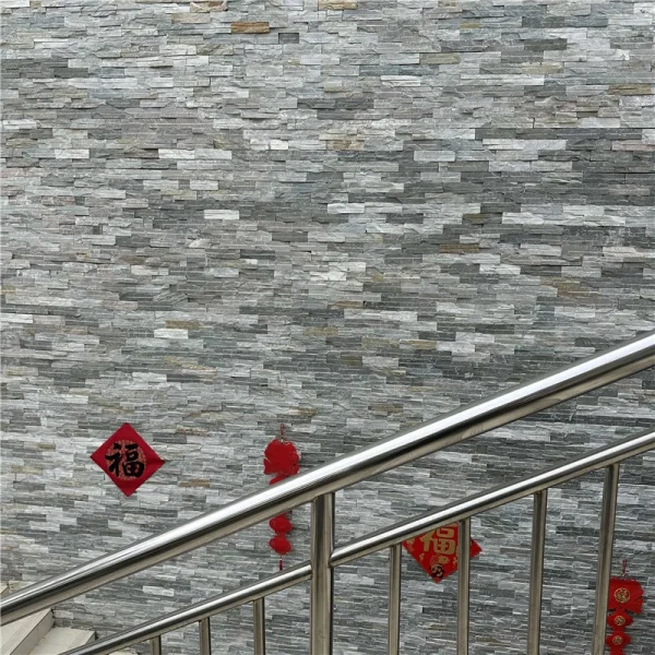 Mixed Grey Stacked Ledger Stone Outdoor Stair Wall Cladding Project