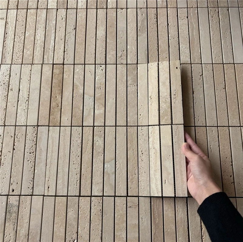 Beige travertine strip mosaic, natural linear travertine stone mesh‑mounted for wall and floor installation